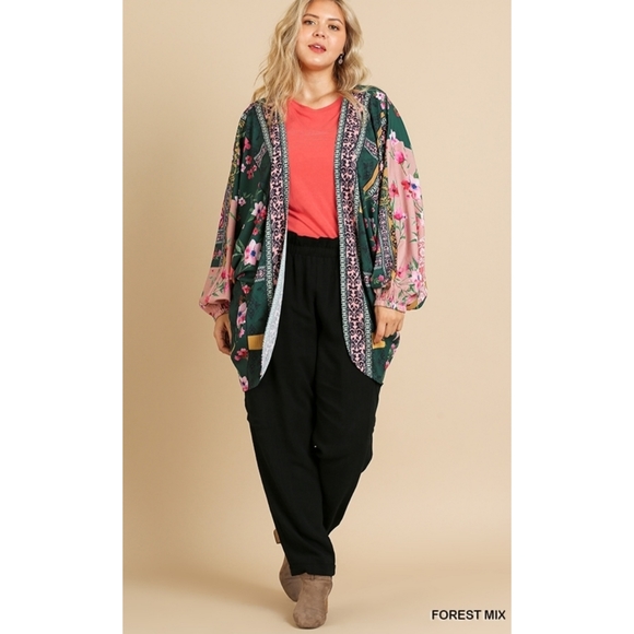 Umgee Plus Floral Scarf Print Puff Sleeve Kimono XL - Picture 5 of 13